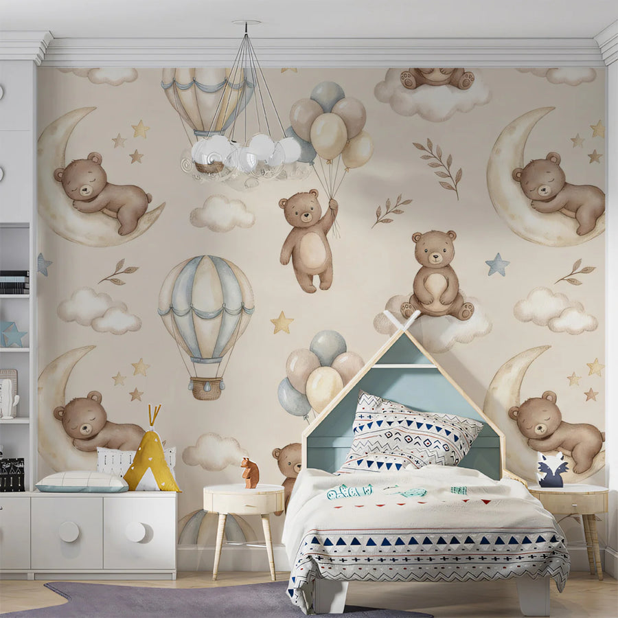 Kids Room Wallpaper Mural – Children Wall Mural – Sleepy Bear and Moon — Soft Whimsical Pattern