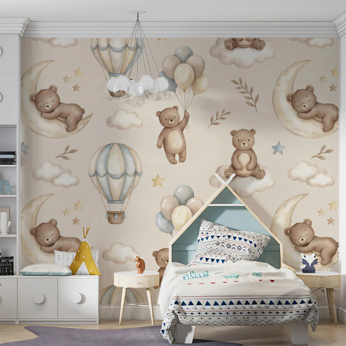 Sleepy Bear and Moon Mural Wallpaper — Soft Whimsical Pattern Mural Wallpaper - room preview 02
