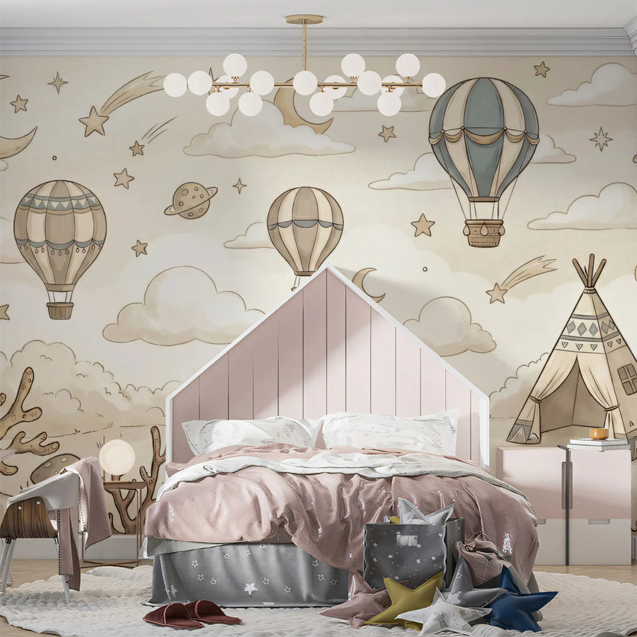 Kids Room Wallpaper Mural – Children Wall Mural – Vintage Sky Adventure — Sepia Sketch Scene