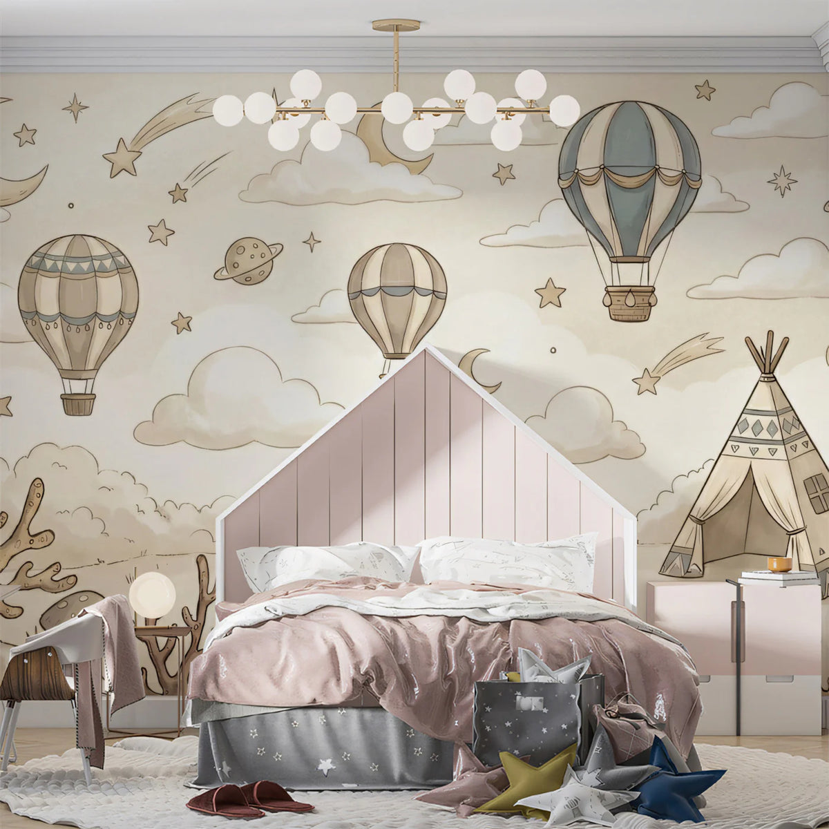 Vintage Sky Adventure Mural Wallpaper — Sepia Sketch Scene Mural Wallpaper - room preview 02