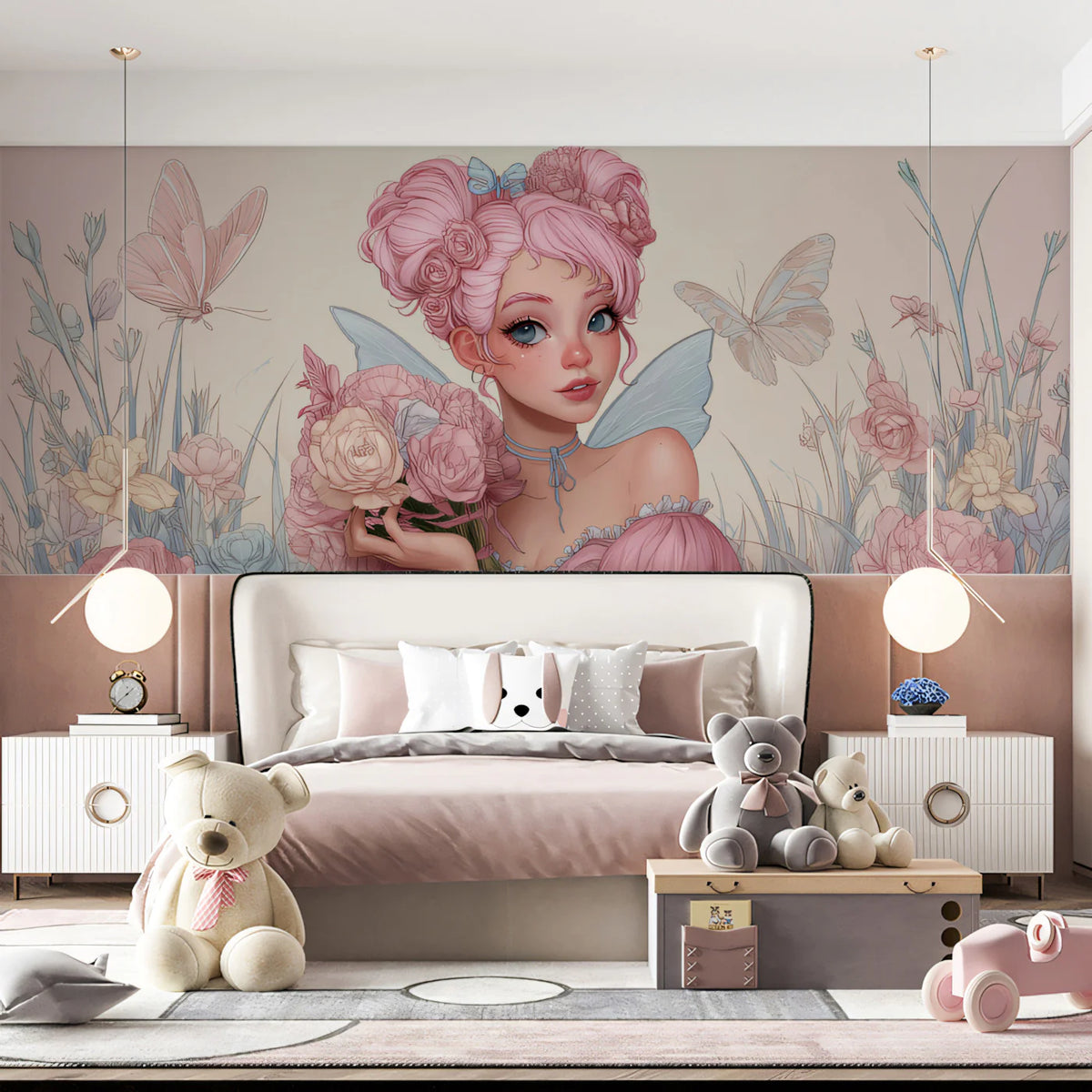 Flower Fairy Anime Girl Mural Wallpaper — Whimsical Pastel Art Mural Wallpaper - room preview 02