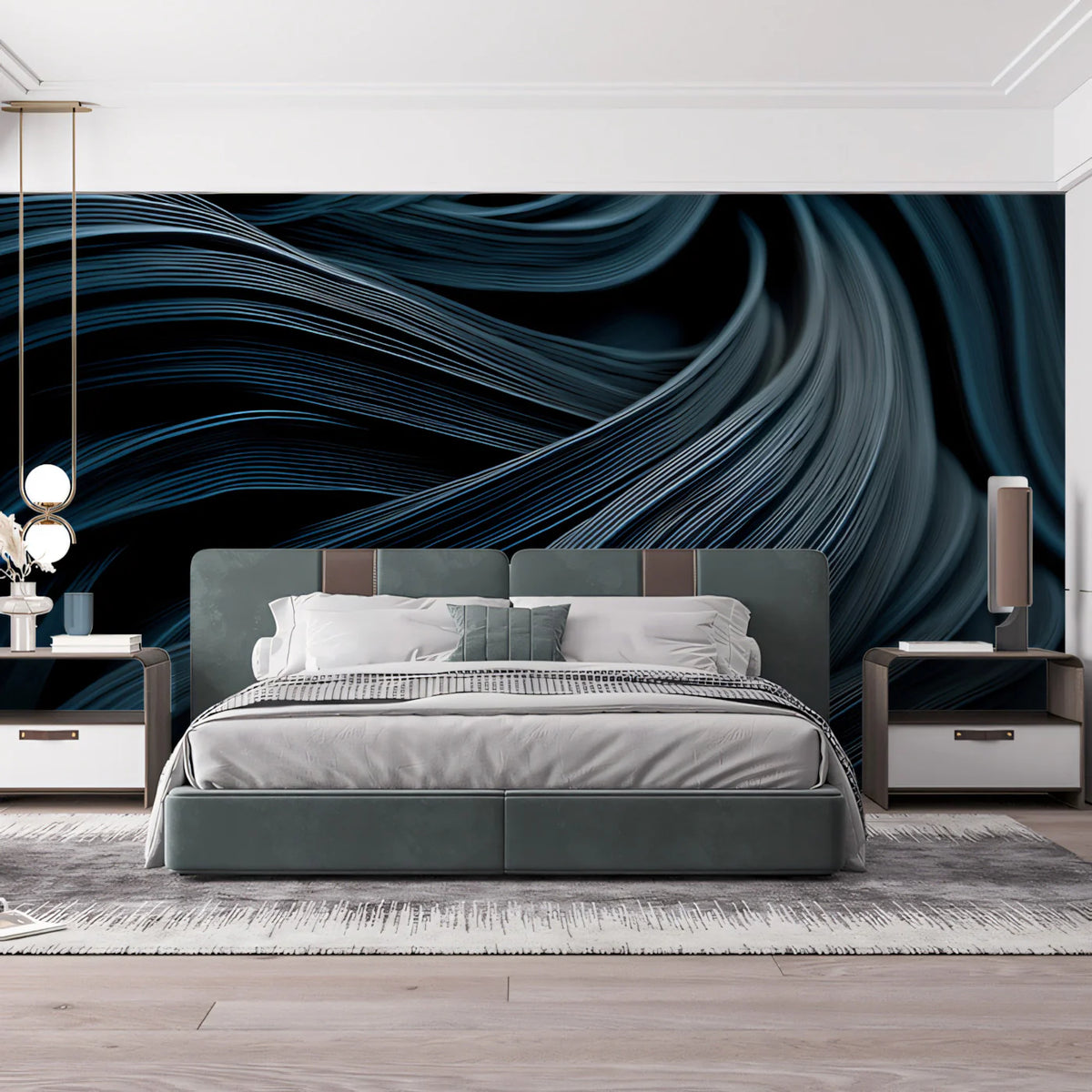 Fluid Teal Abstract Lines Mural Wallpaper — Modern Flowing Texture Mural Wallpaper - room preview 02