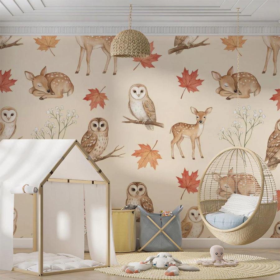 Baby Animals Wallpaper Mural – Cute Animals Wall Mural – Autumn Woodland Animals — Watercolor Forest Pattern