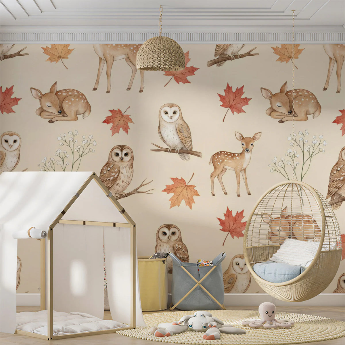 Autumn Woodland Animals Mural Wallpaper — Watercolor Forest Pattern Mural Wallpaper - room preview 02