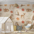 Autumn Woodland Animals Mural Wallpaper — Watercolor Forest Pattern Mural Wallpaper - room preview 02
