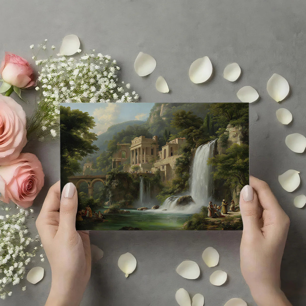 Classical Roman Ruins and Waterfall Landscape Mural Wallpaper - room preview 02