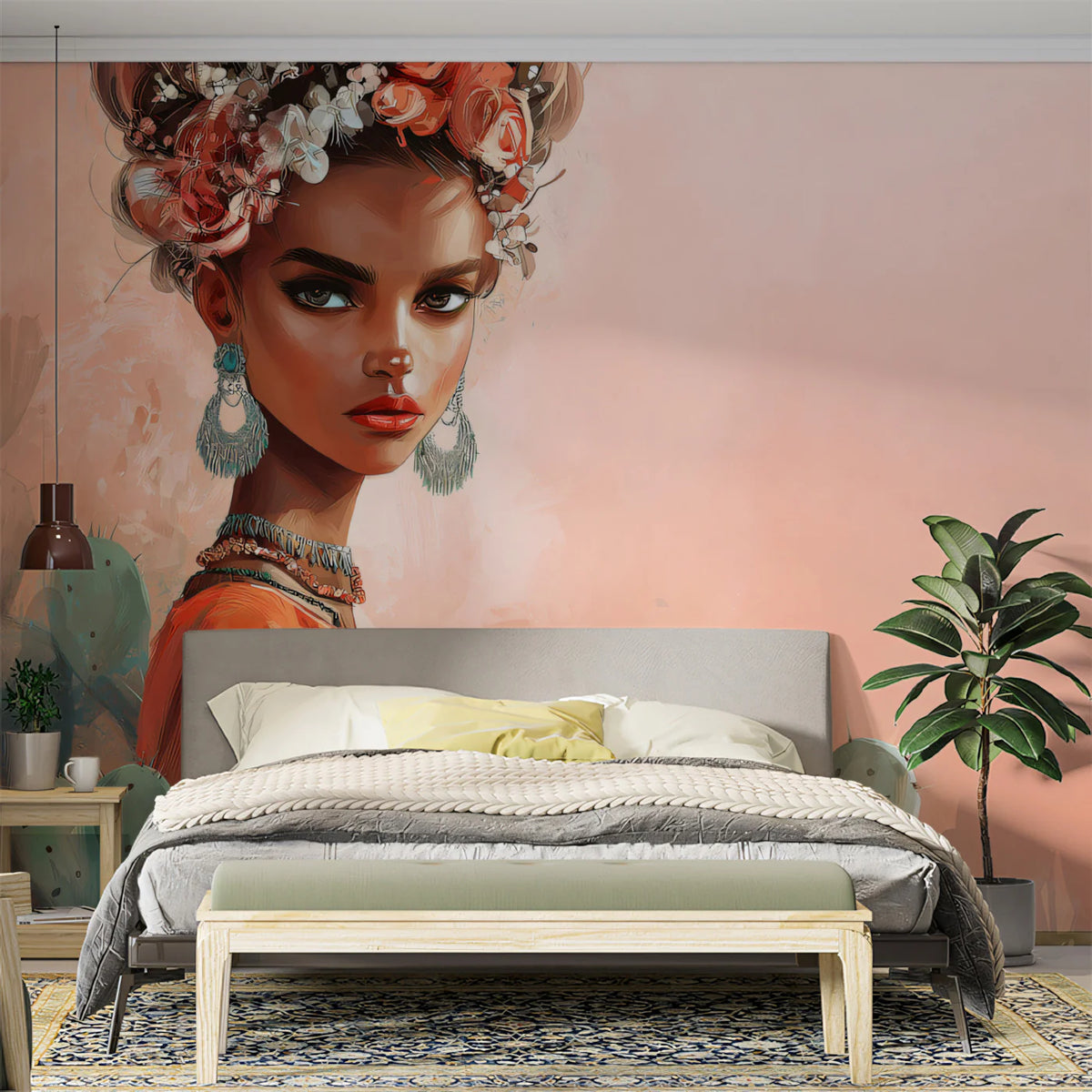 Bohemian Portrait Mural Wallpaper — Floral and Cactus Art Mural Wallpaper - room preview 02