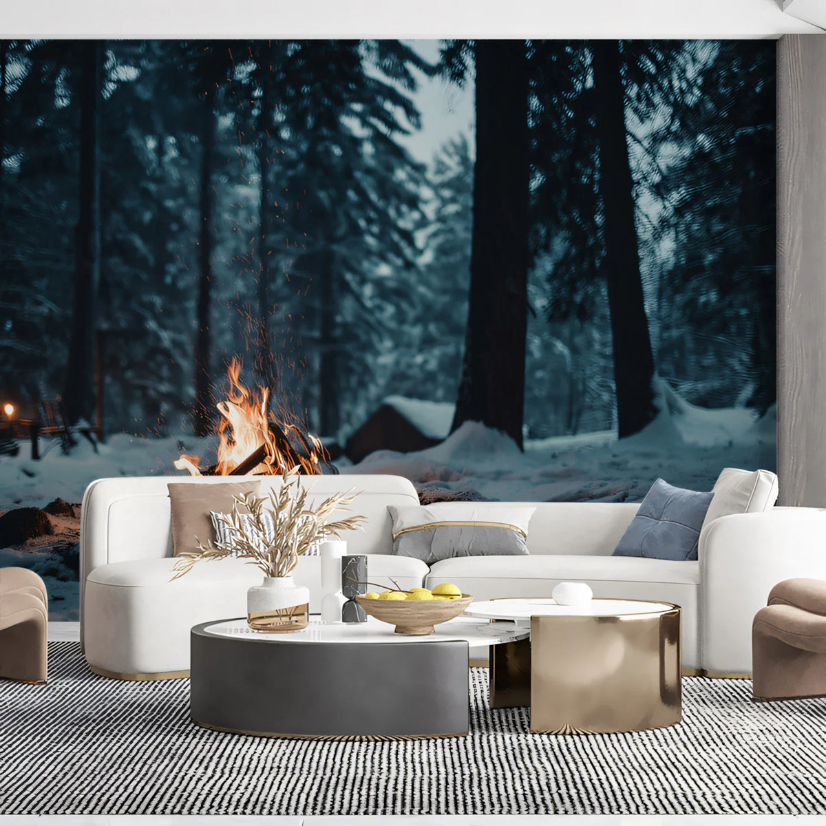 Winter Campfire Forest Mural Wallpaper — Moody Nature Design Mural Wallpaper - room preview 02