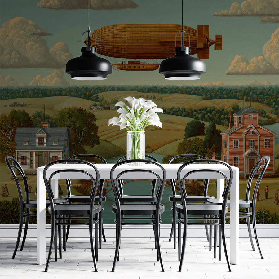 Landscape Wallpaper Mural – Scenery Wall Mural – Vintage Airship Landscape for Storybook Interiors