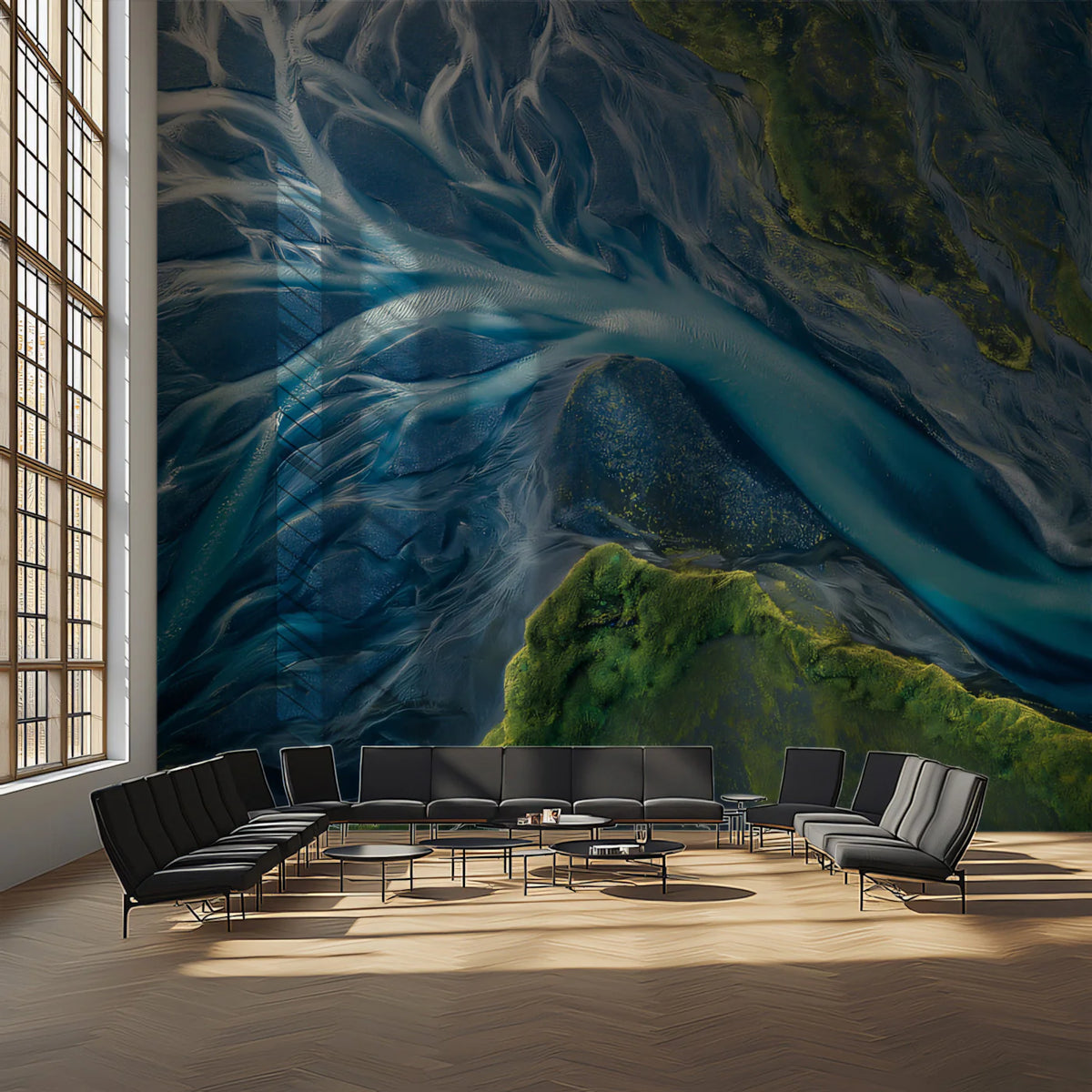Glacial River Delta Mural Wallpaper — Aerial Nature Pattern Mural Wallpaper - room preview 02