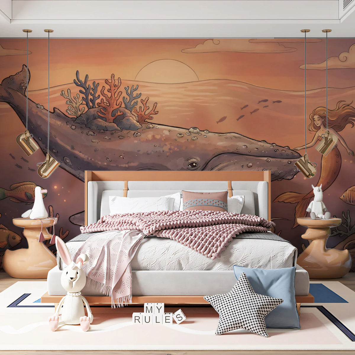 Whale and Mermaid Sunset Mural Wallpaper — Whimsical Fantasy Scene Mural Wallpaper - room preview 02