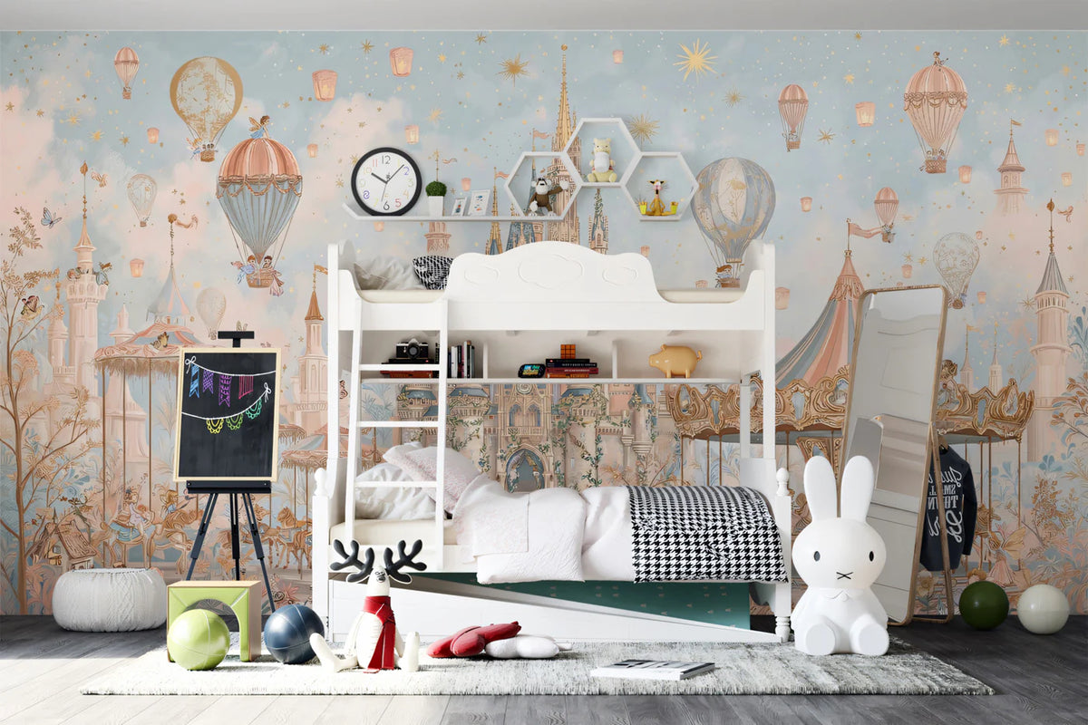 Fairytale Kingdom Mural Wallpaper — Whimsical Pastel Castle Design Mural Wallpaper - room preview 02