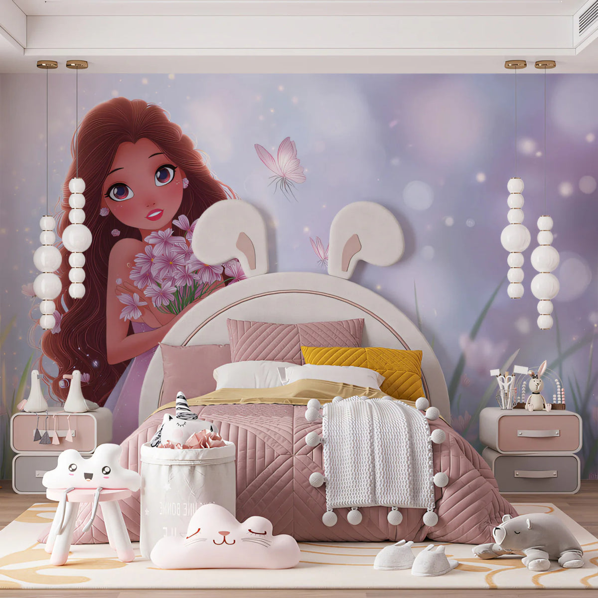 Anime Princess Floral Mural Wallpaper — Whimsical Dreamscape Mural Wallpaper - room preview 02
