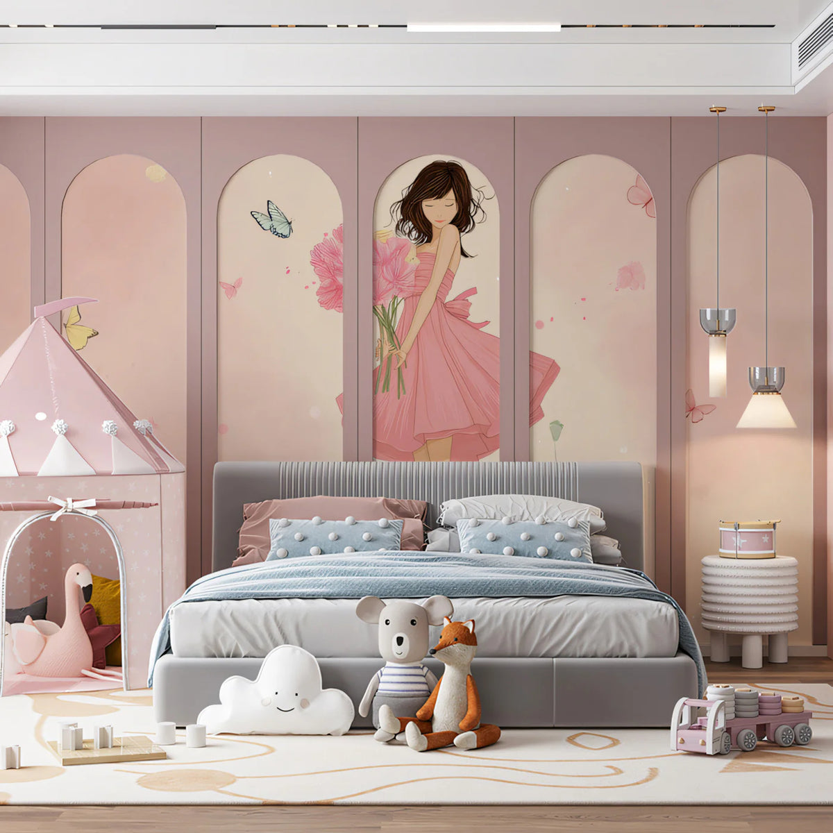 Poppy Meadow Girl Mural Wallpaper — Whimsical Fashion Illustration Mural Wallpaper - room preview 02