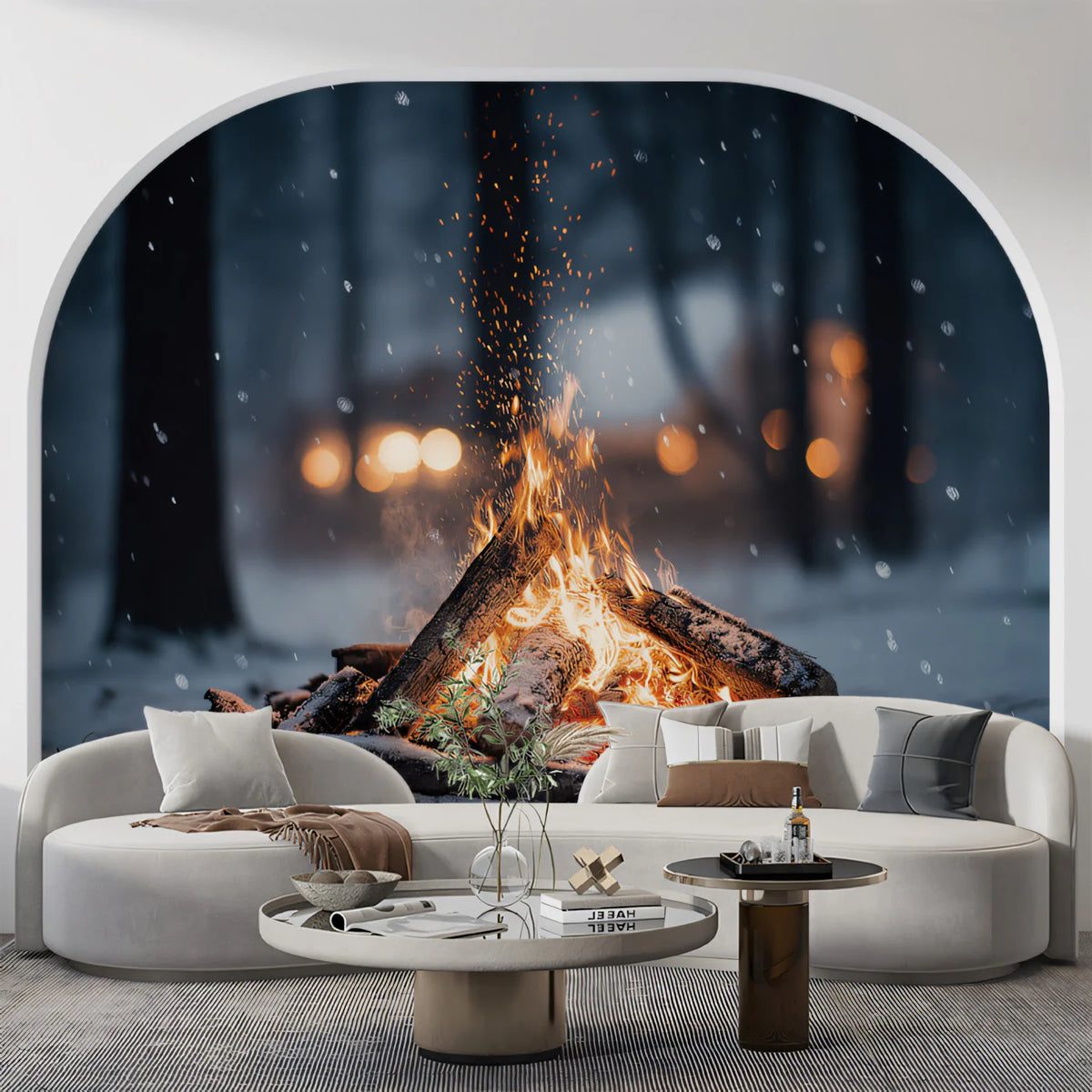 Snowy Campfire Night Mural Wallpaper — Moody Winter Landscape Mural Wallpaper - room preview 02