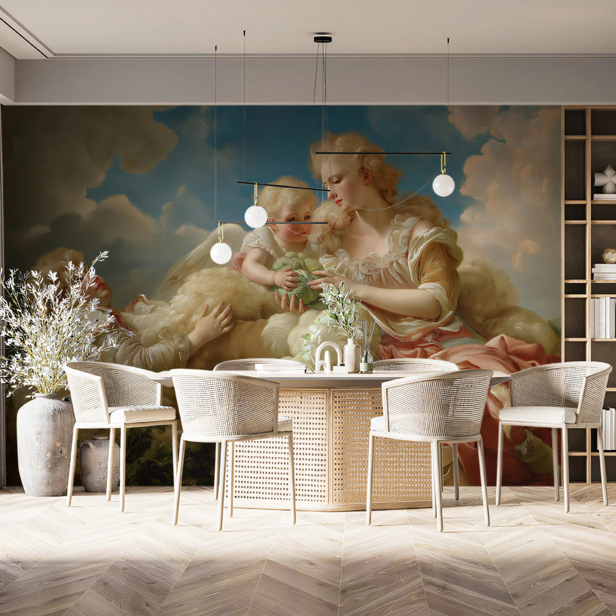 Renaissance Cherub and Mother Cloud Mural Wallpaper - room preview 02