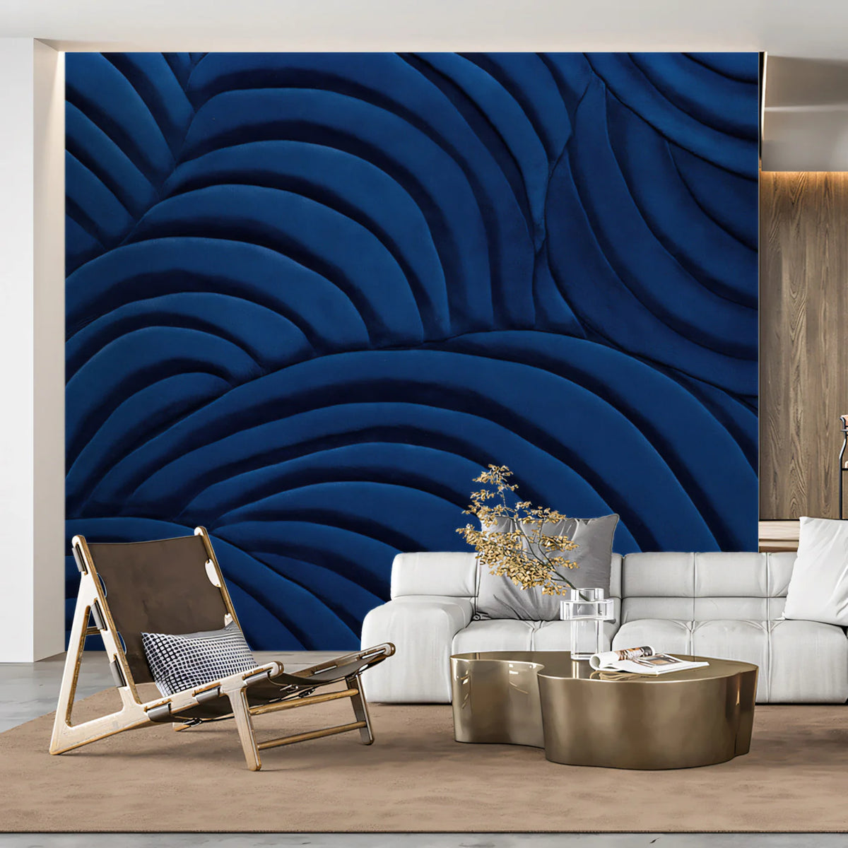 Midnight Waves Mural Wallpaper — Sculptural Blue Relief Design Mural Wallpaper - room preview 02