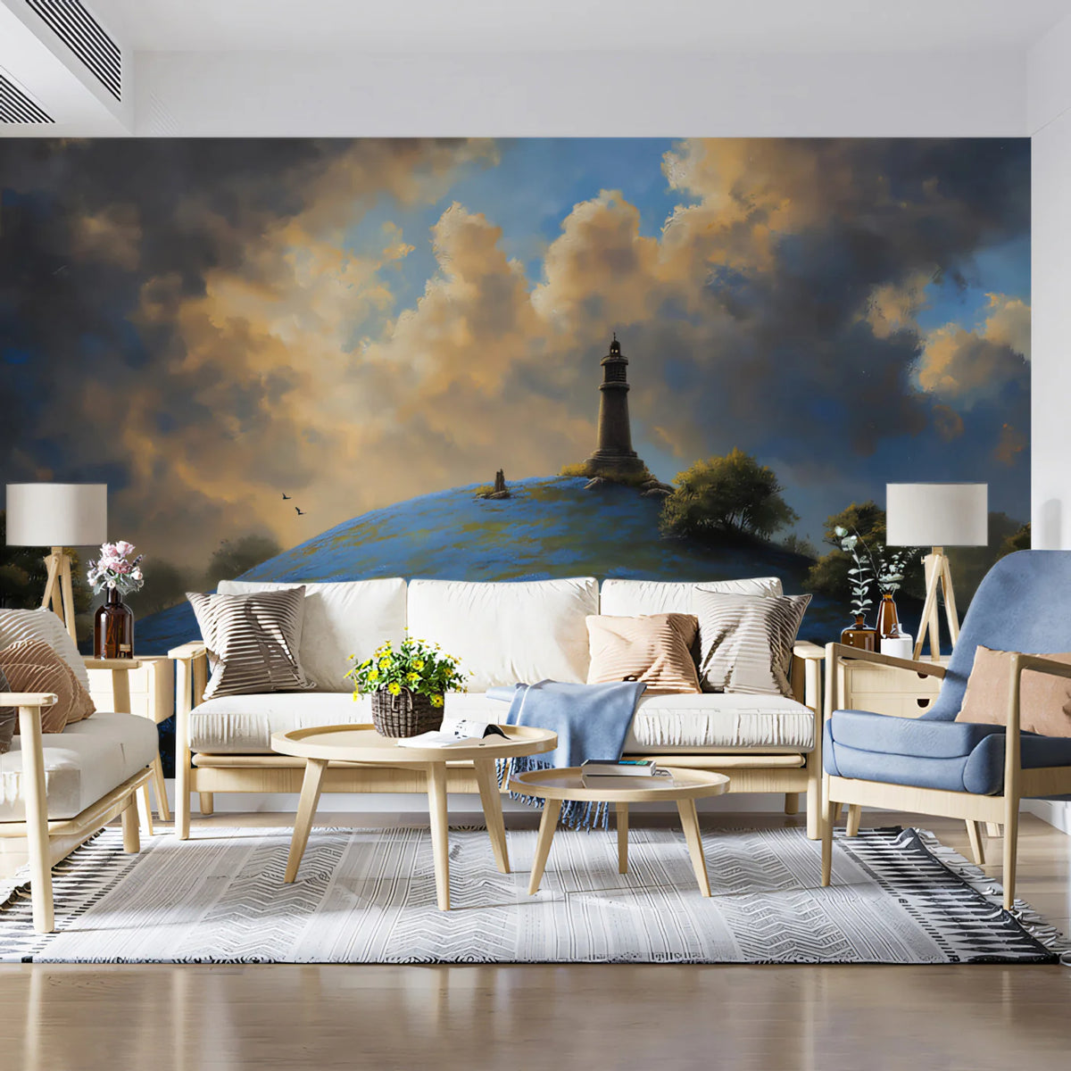Coastal Lighthouse Hill Mural Wallpaper — Painterly Sunset Landscape Mural Wallpaper - room preview 02