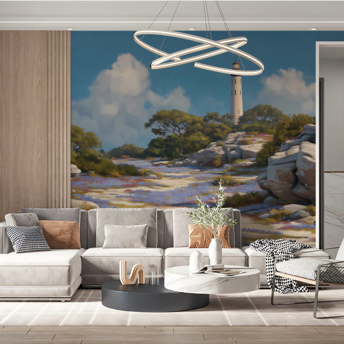 Coastal Lighthouse Path Mural Wallpaper — Impressionistic Landscape Mural Wallpaper - room preview 02
