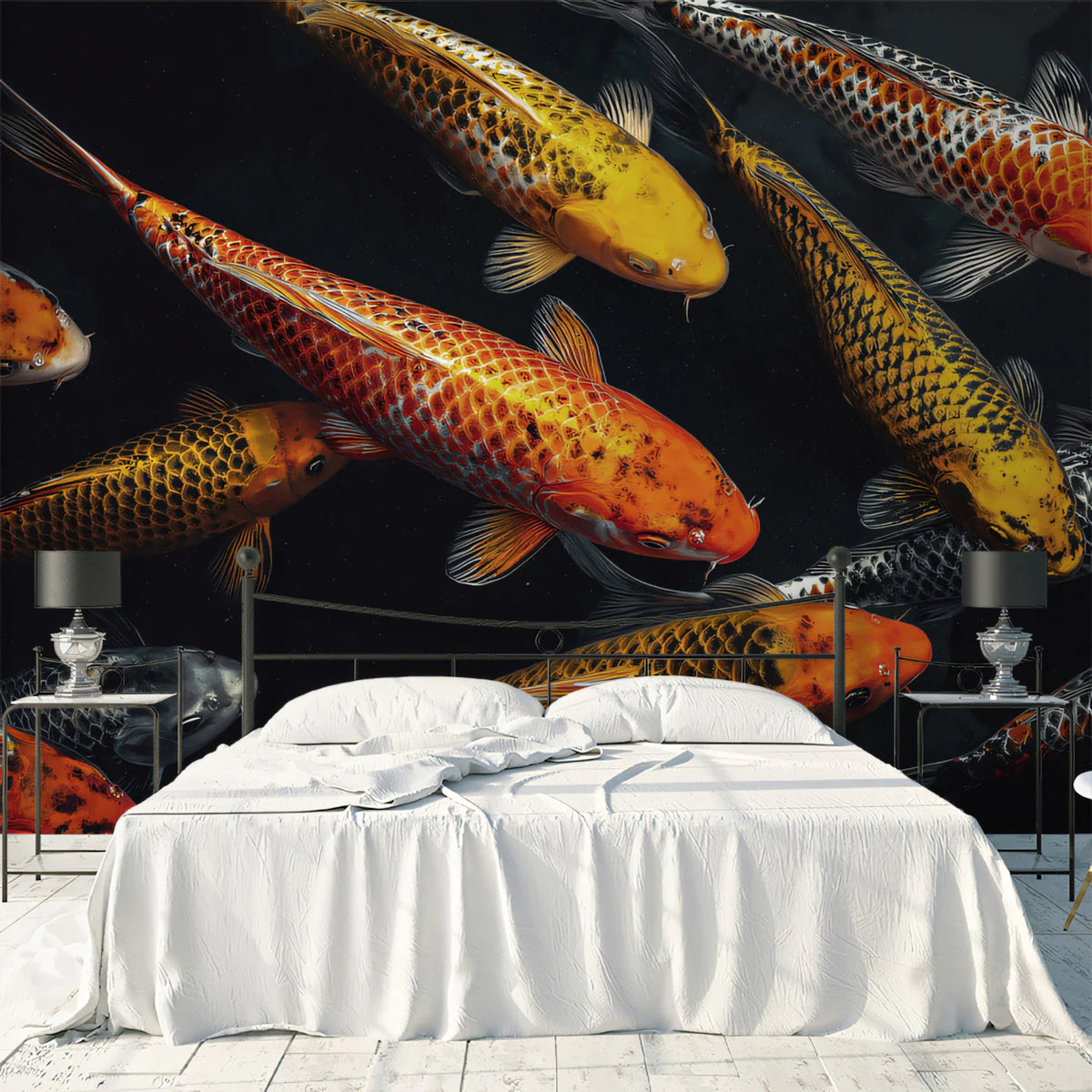 Koi Pond Swimming Mural Wallpaper — Bold High Contrast Aquatic Art Mural Wallpaper - room preview 02