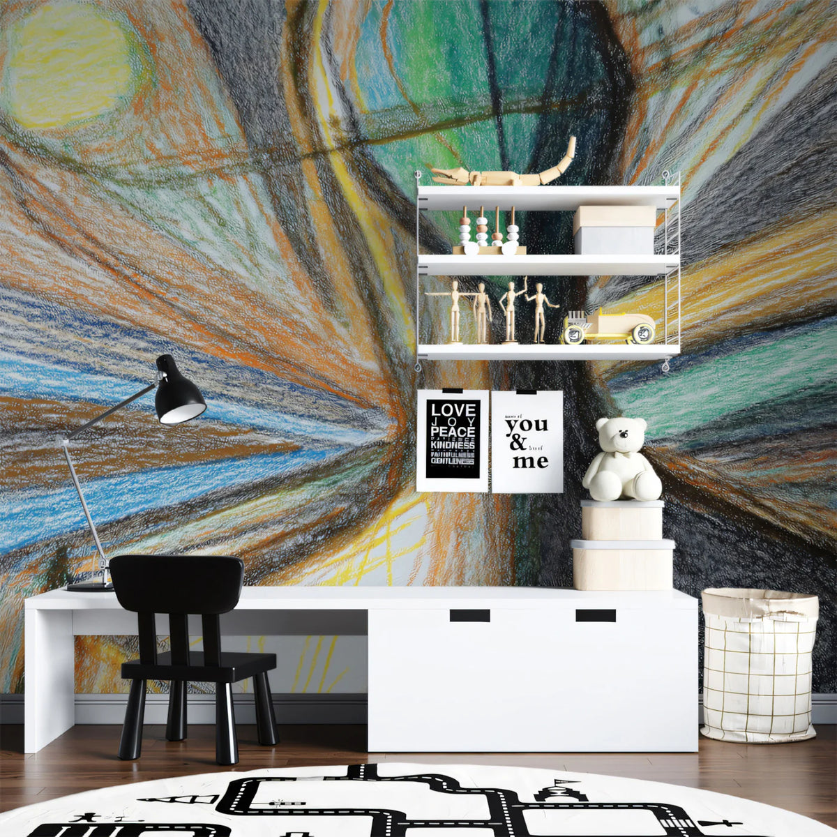 Abstract Crayon Sketch Mural Wallpaper — Expressive Artistic Design Mural Wallpaper - room preview 02