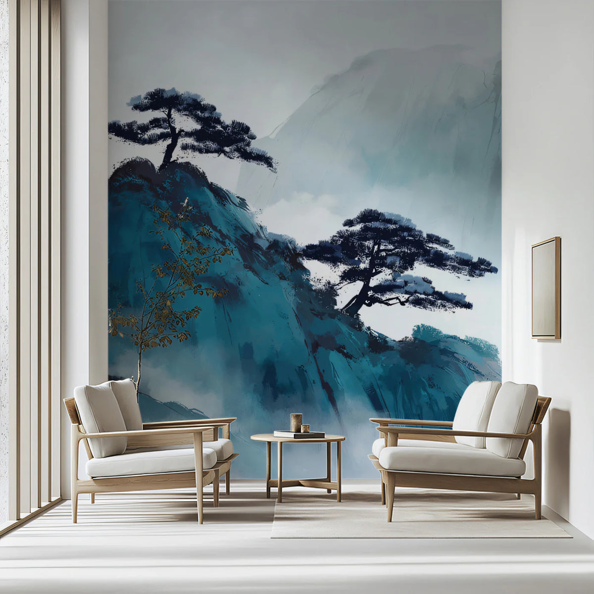 Ink Wash Mountain Pine Mural Wallpaper — Traditional Blue Landscape Mural Wallpaper - room preview 02