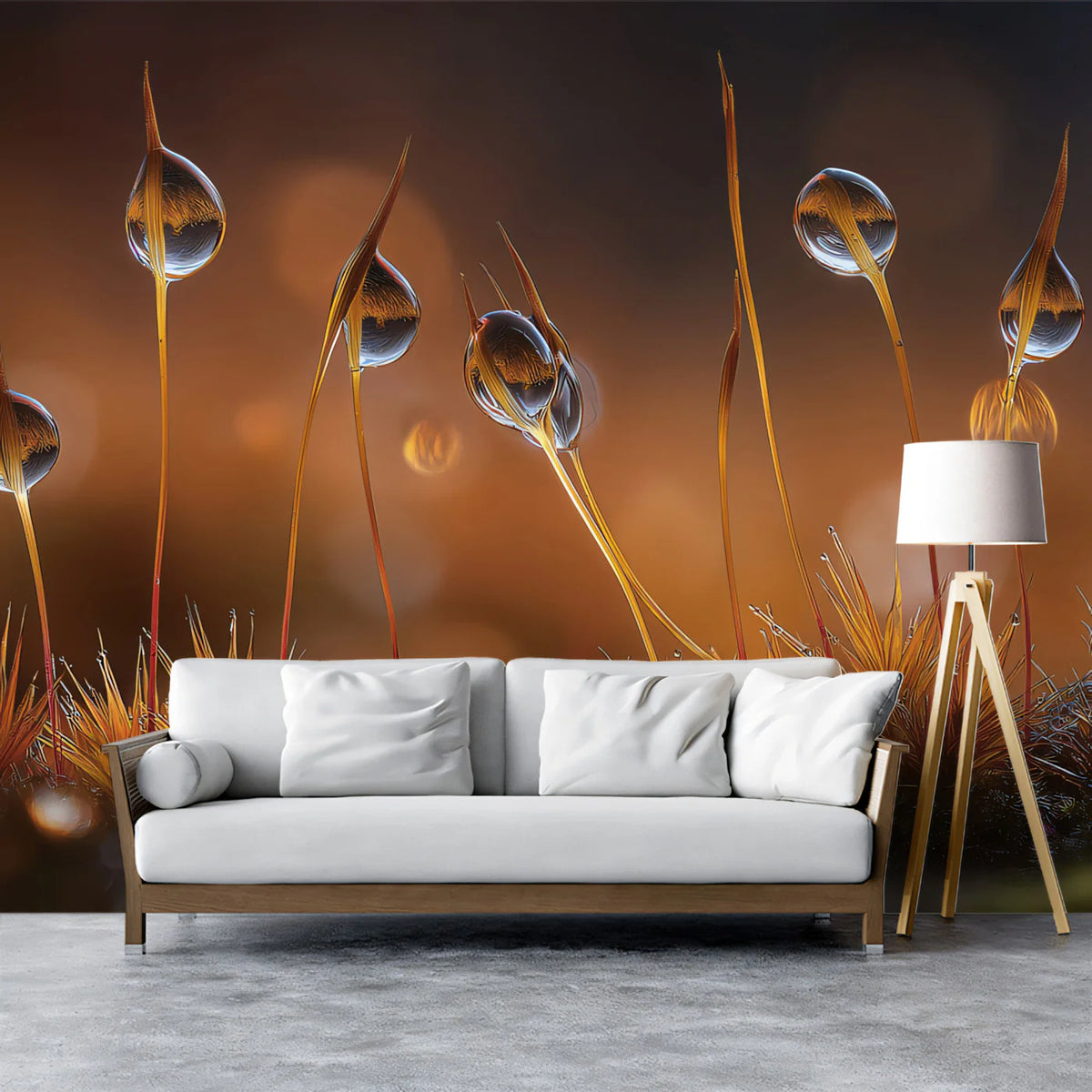 Macro Moss Dewdrop Mural Wallpaper — Warm Nature Fantasy Mural Wallpaper - room preview 02