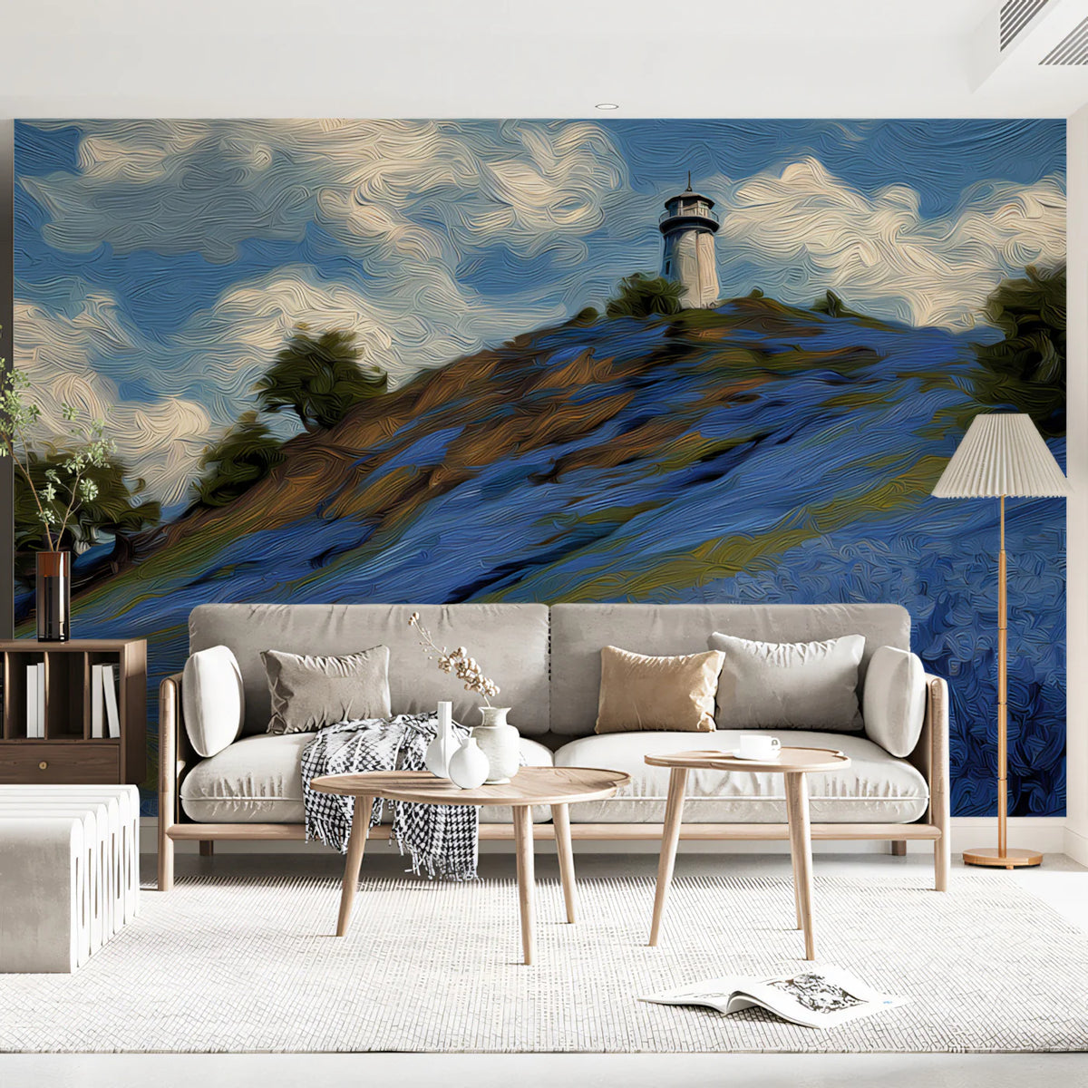 Coastal Lighthouse Landscape Mural in Oil Painting Style Mural Wallpaper - room preview 02