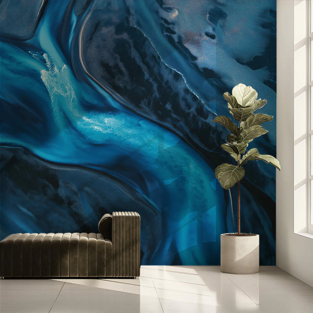 Glacial River Aerial Mural Wallpaper — Moody Abstract Nature Mural Wallpaper - room preview 02