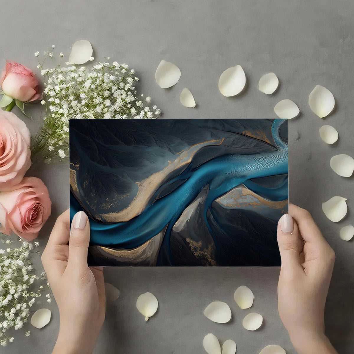 Aerial River Delta Mural Wallpaper — Moody Teal and Gold Abstract Mural Wallpaper - room preview 02