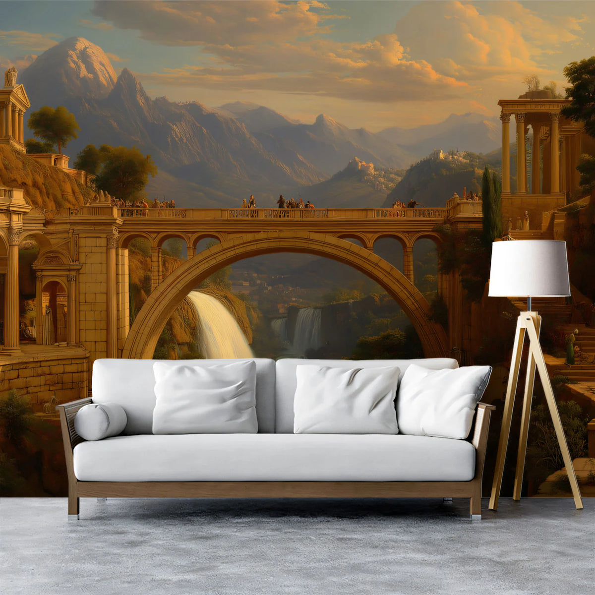 Classical Roman Bridge & Waterfall Landscape Mural Wallpaper - room preview 02