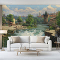 Old European River Town Mural Wallpaper — Artistic Cityscape Mural Wallpaper - room preview 02