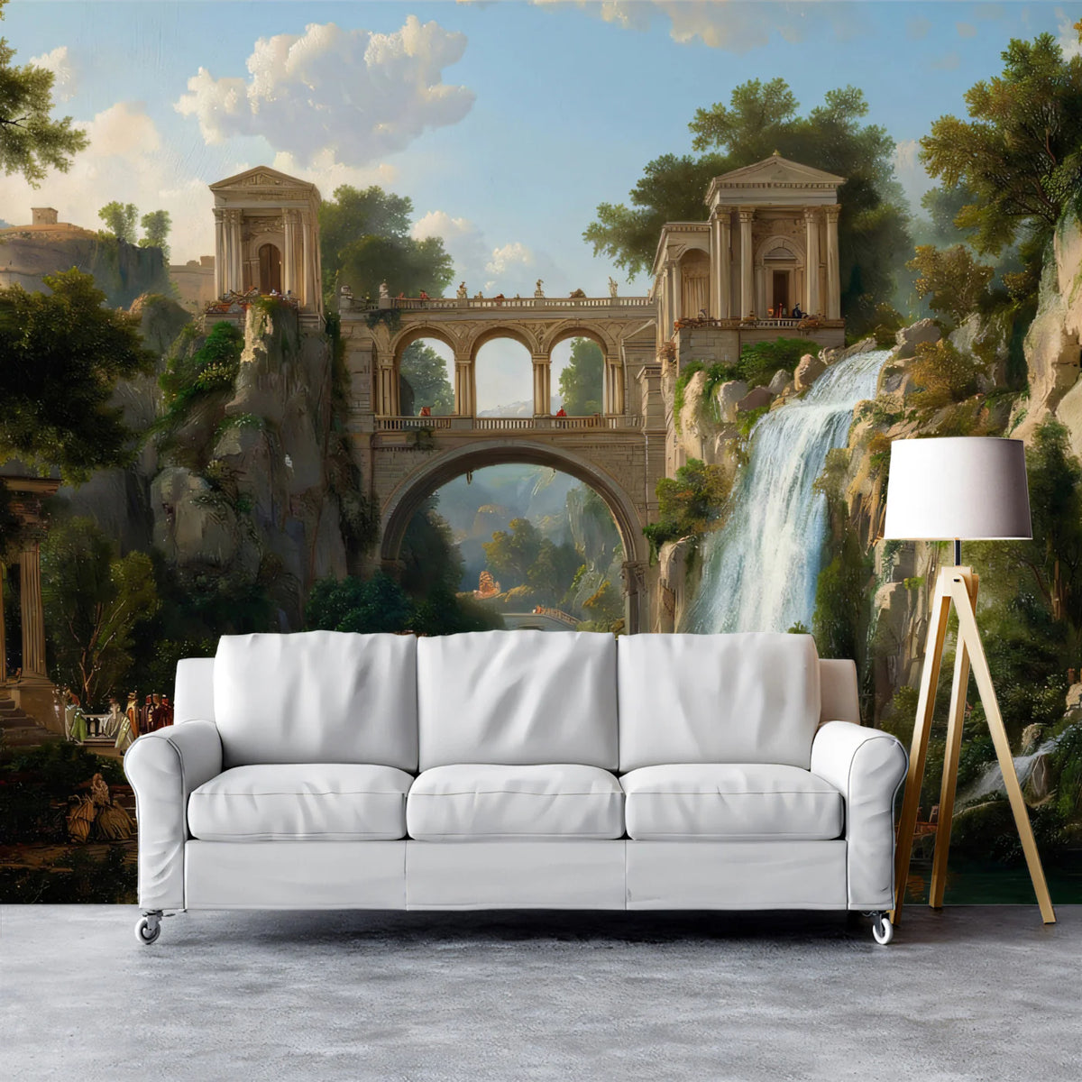 Classical Waterfall & Roman Ruins Mural Wallpaper — Oil Painting Style Mural Wallpaper - room preview 02