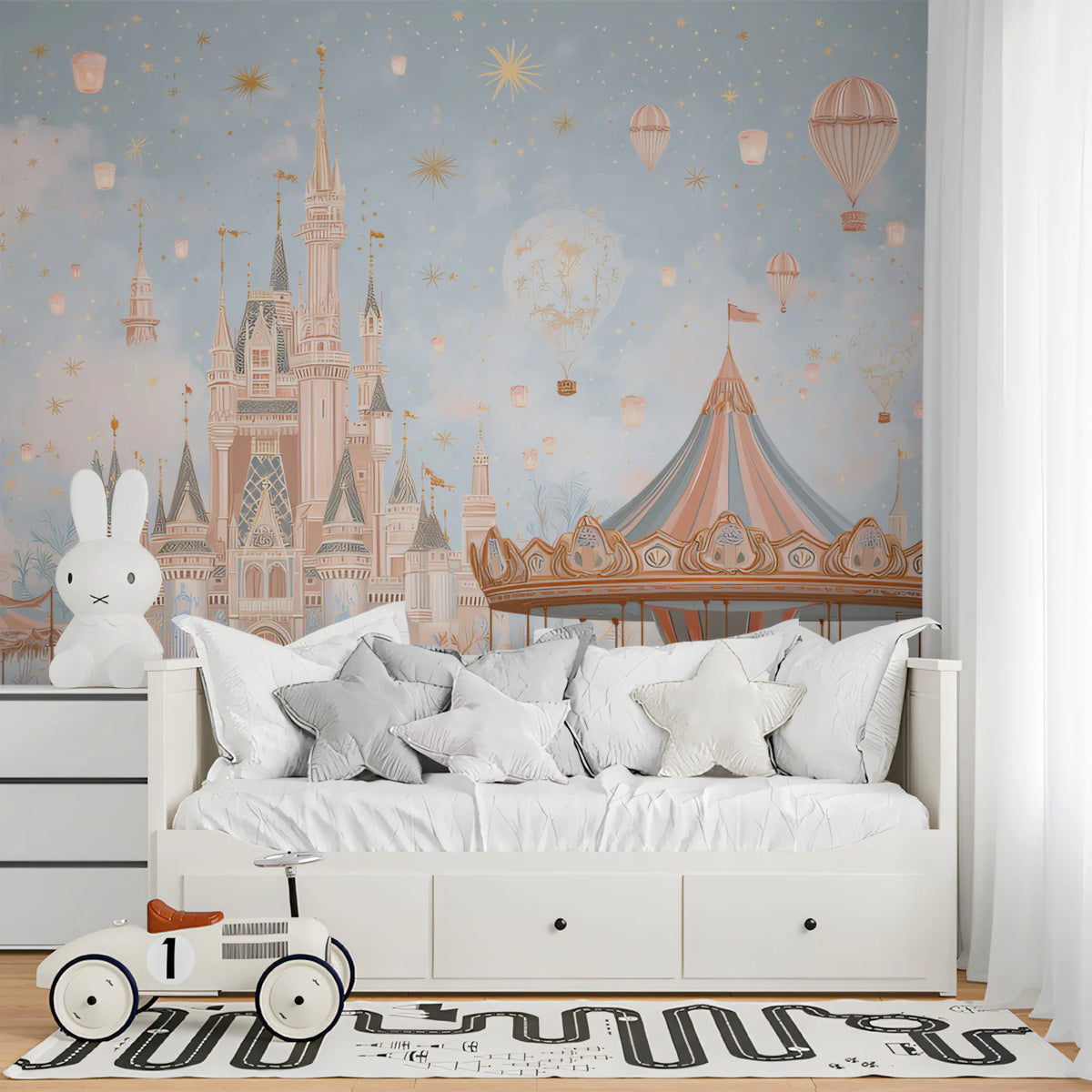 Fantasy Castle & Carousel Mural Wallpaper — Whimsical Pastel Scene Mural Wallpaper - room preview 02