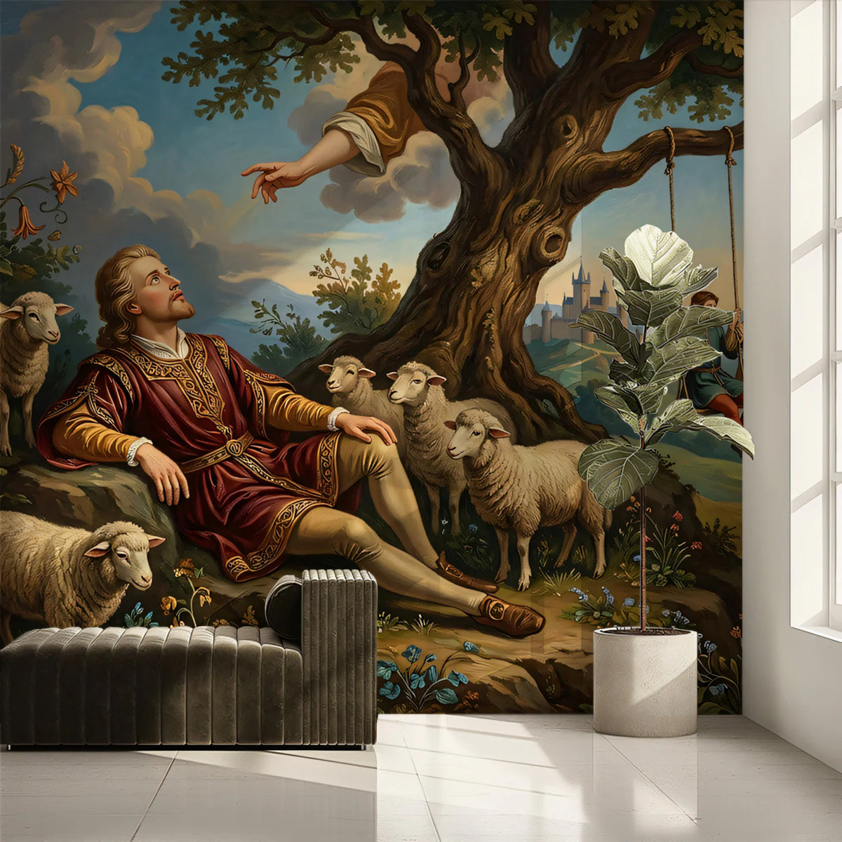 Renaissance Shepherding Scene Mural Wallpaper — Artistic Heritage Mural Wallpaper - room preview 02