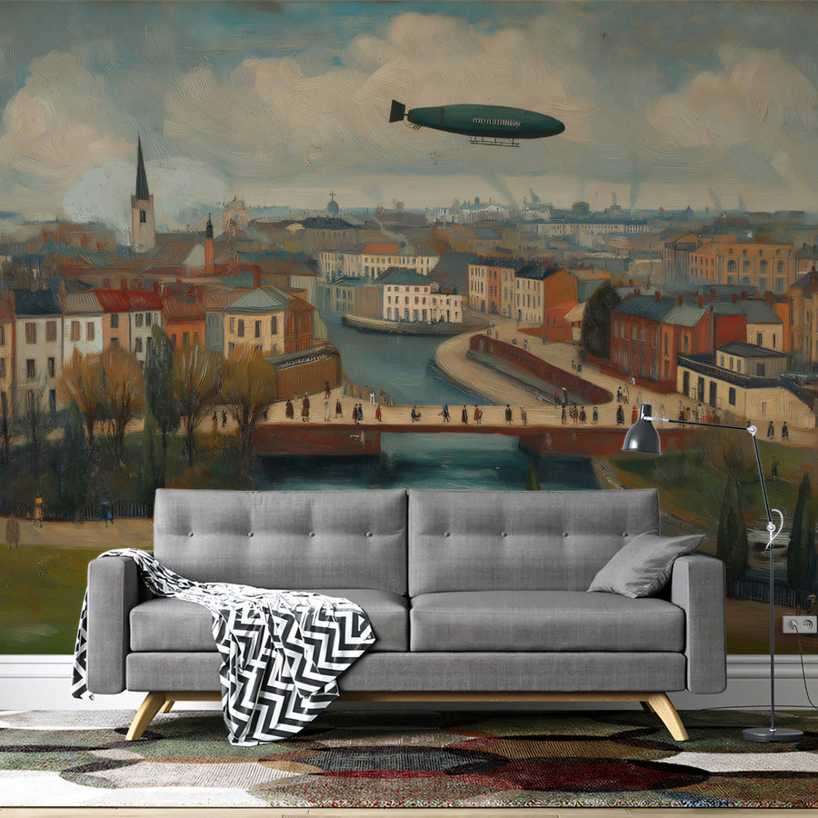 Vintage Zeppelin Stadtbild Wandtapete – Wandtapete im impressionistischen Stil