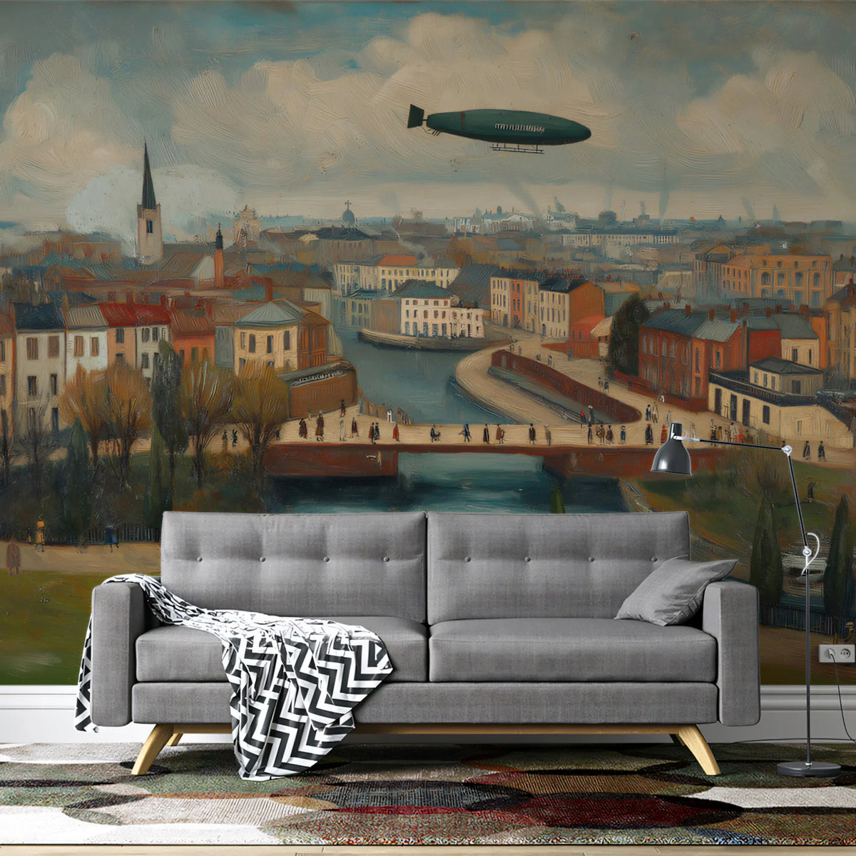 Vintage Zeppelin Cityscape Mural Wallpaper — Impressionist Style Mural Wallpaper - room preview 02