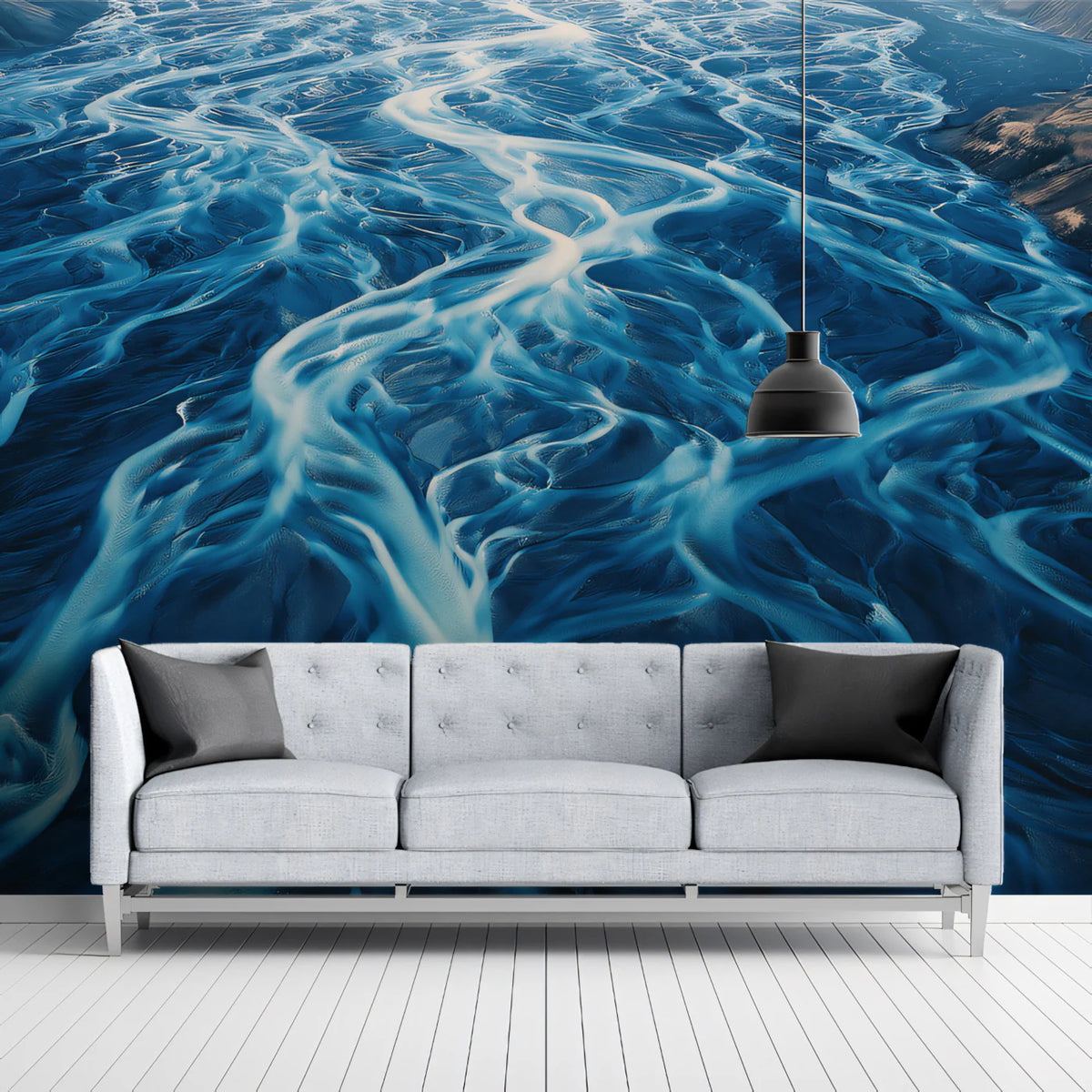 Glacial River Aerial Landscape Mural Wallpaper — Moody Blue Mural Wallpaper - room preview 02