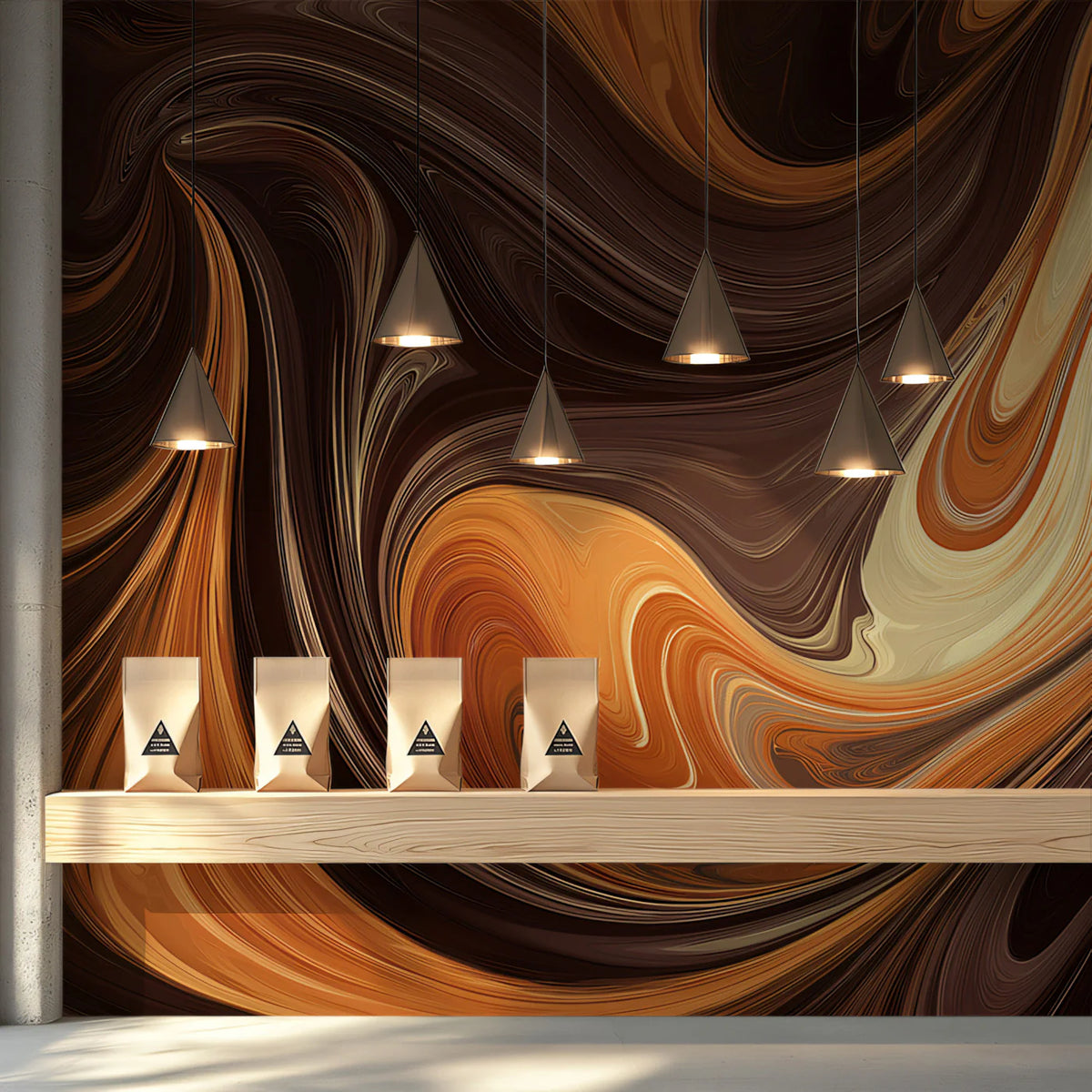Molten Caramel Marble Mural Wallpaper — Fluid Abstract Design Mural Wallpaper - room preview 02