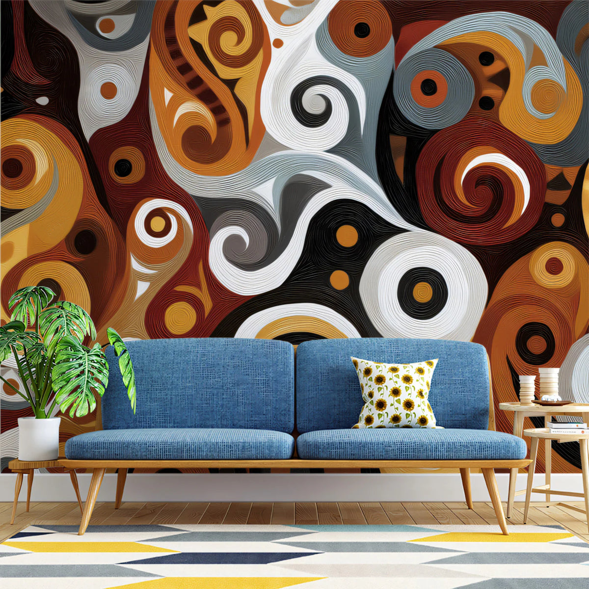 Tribal Abstract Swirls Mural Wallpaper — Earth Tone Art Mural Wallpaper - room preview 02