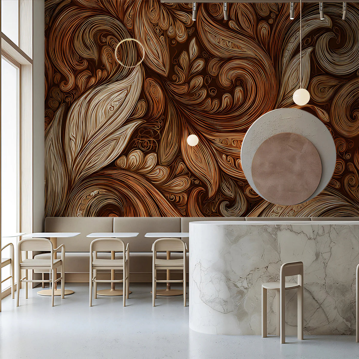 Acanthus Scrollwork Mural Wallpaper — Warm Bronze Artistic Design Mural Wallpaper - room preview 02
