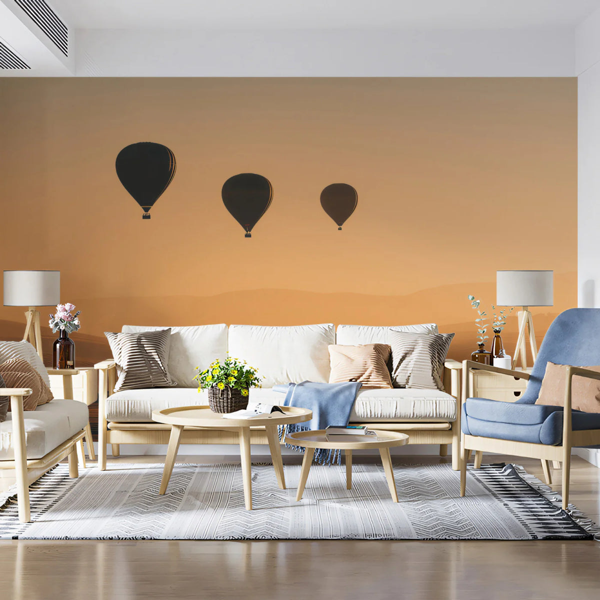 Golden Hour Hot Air Balloon Mural Wallpaper — Hazy Sunset Landscape Mural Wallpaper - room preview 02