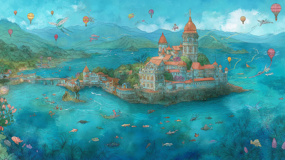 Fantastical Island Kingdom Mural Wallpaper — Whimsical Coastal Art Mural Wallpaper - room preview 02