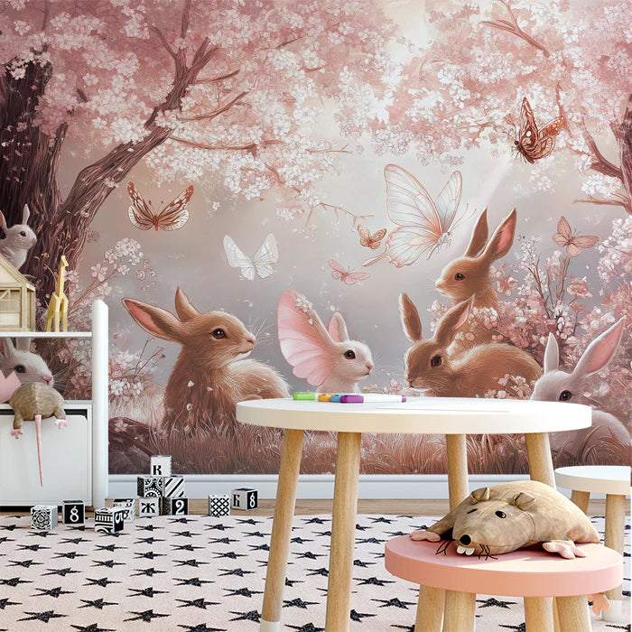Sakura Meadow Bunny Mural Wallpaper — Whimsical Woodland Scene Mural Wallpaper - room preview 02
