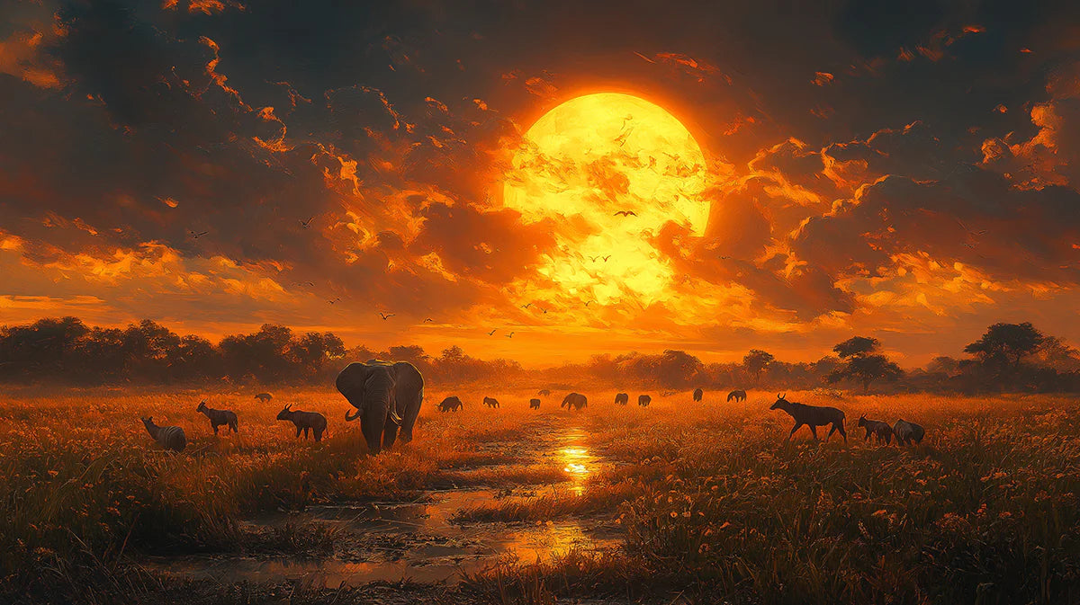 African Savannah Sunset Mural Wallpaper — Golden Wildlife Scene Mural Wallpaper - room preview 02