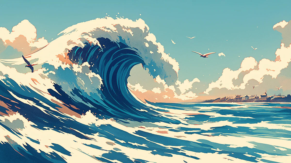 The Great Wave off Kanagawa Inspired Mural Wallpaper in Living Room Blue, White, and Beige Great Wave Mural Wallpaper - room preview 02
