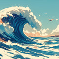 The Great Wave off Kanagawa Inspired Mural Wallpaper in Living Room Blue, White, and Beige Great Wave Mural Wallpaper - room preview 02