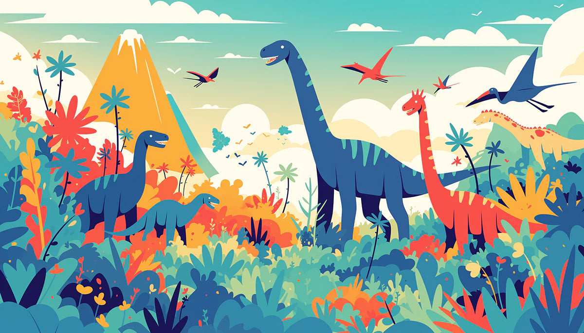 Dinosaur and Mountain Mural Wallpaper in Bedroom Various Colors (Green, Yellow, Blue, etc.) of Dinosaur Mural Wallpaper - room preview 02