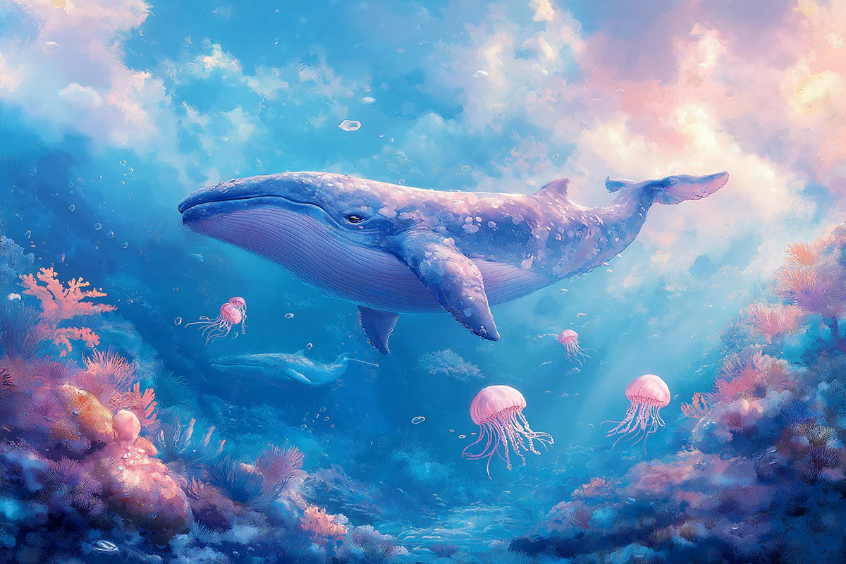 Whale and Underwater Mural Wallpaper in Child's Room Blue, Orange, and Various Pastel Shades Whale -6 Mural Wallpaper - room preview 02