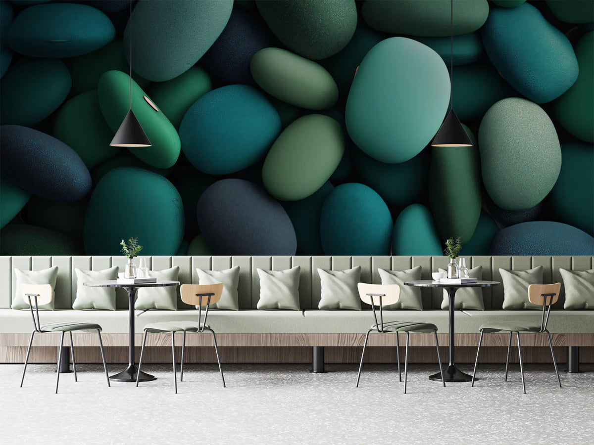 Teal and Emerald River Pebble Mural Wallpaper — Modern Organic Mural Wallpaper - room preview 02